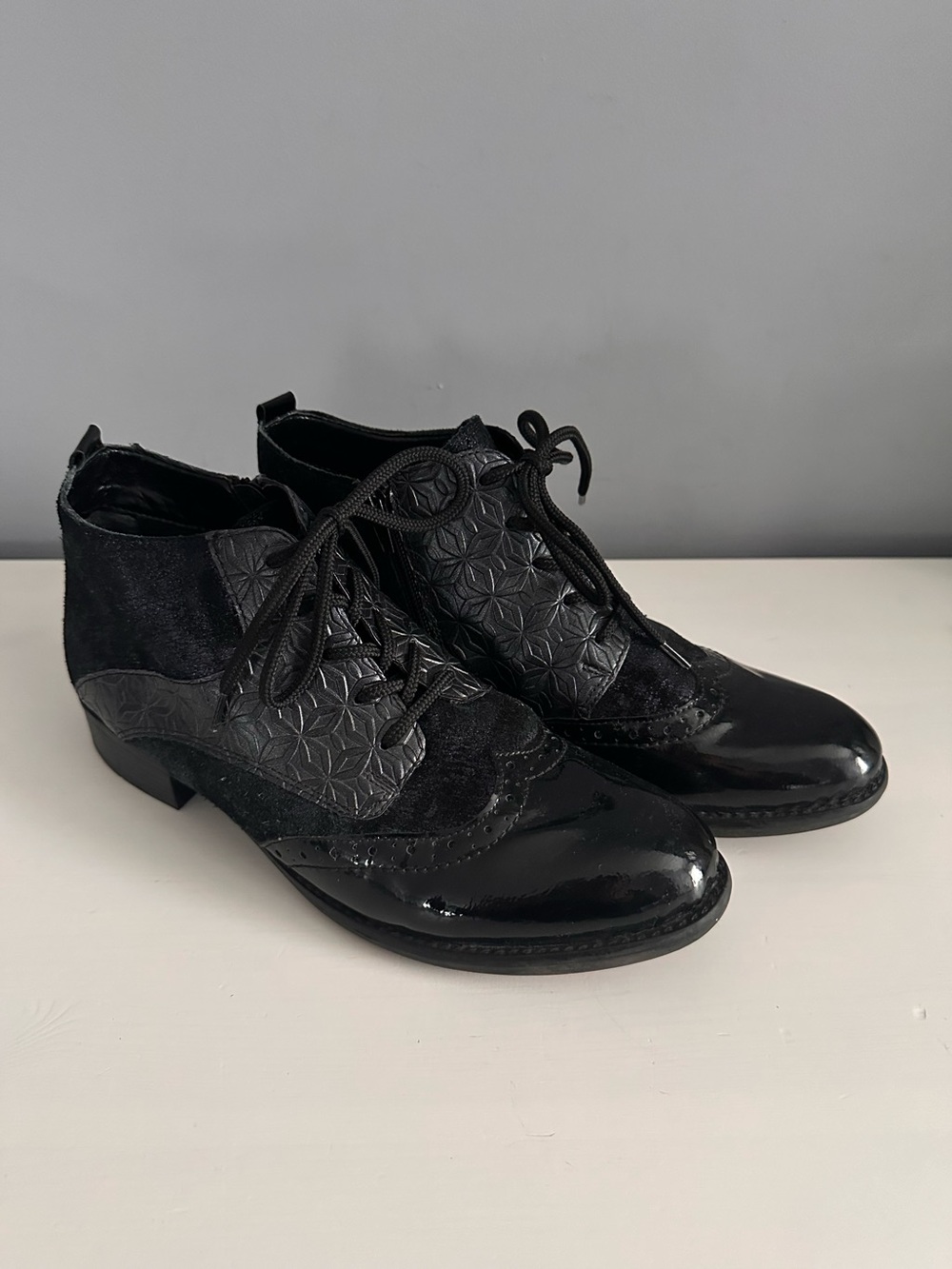 Remonte - Black Ankle Boots, Patent, Suede, Side Zip, Size 40 (9-9.5)
